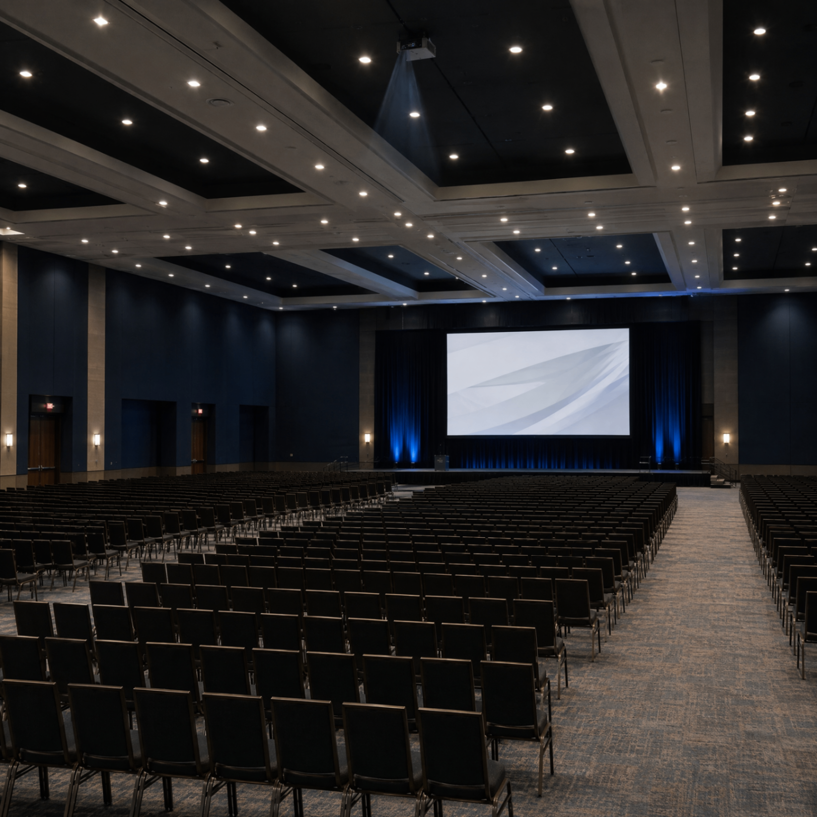 Escenario con proyector de techo y pantalla principal.